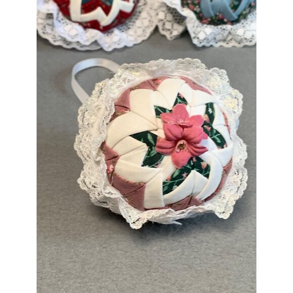 Handmade Quilted Christmas Ornaments with Lace & Ribbon Set of 6 - Picture 2 of 10